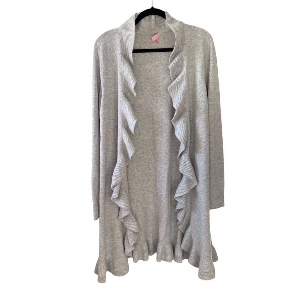Lilly Pulitzer Marette Women’s Light Grey Long Cashmere Ruffle Cardigan